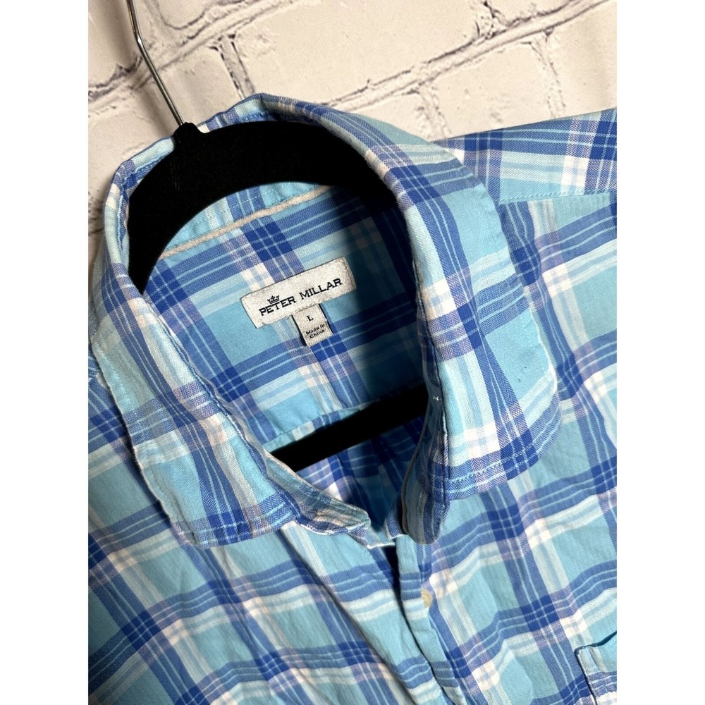Peter Millar Mens Large Blue White Plaid Long Sleeve Cotton Button Down Shirt